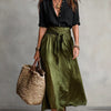Vera | Two-Piece Set: Black Blouse and Olive Green Midi Skirt
