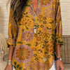 Women's Vintage Flower Art Print Casual Linen V-neck Shirt