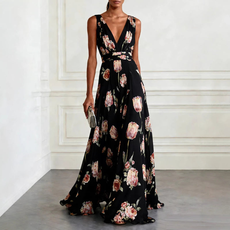 Women's Long Chiffon Dress – V-Neck Sleeveless with Floral Print