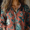 Women's Retro Red Flowers Print Casual Long Sleeve Comfortable Cotton Shirt