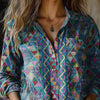 Women's Retro Blue Rhombus Texture Art Print Casual Long Sleeve Comfortable Cotton Shirt