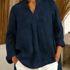 Women's Solid Color V-neck Long Sleeve Casual Loose Cotton Top