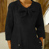 Women's Solid Color V-neck Bow Tie Three-quarter Sleeve Casual Loose Cotton Linen Top